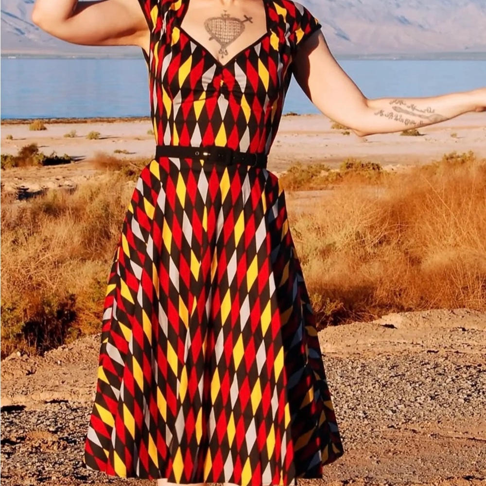PINUP COUTURE Harlequin Gryffindor Swing Retro Dress Red Yellow Black  Size 3X
